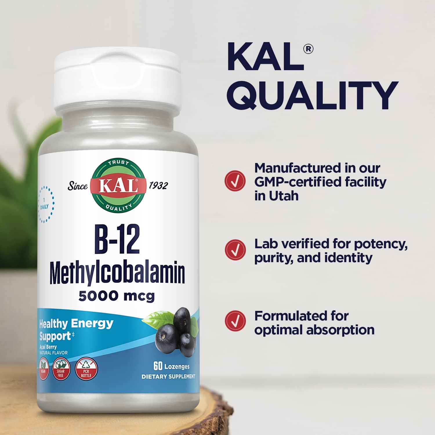KAL Vitamina B12 Metilcobalamina 5000 mcg - 60 Pastillas Chupables Sabor Acai, Vegano, Sin Azúcar