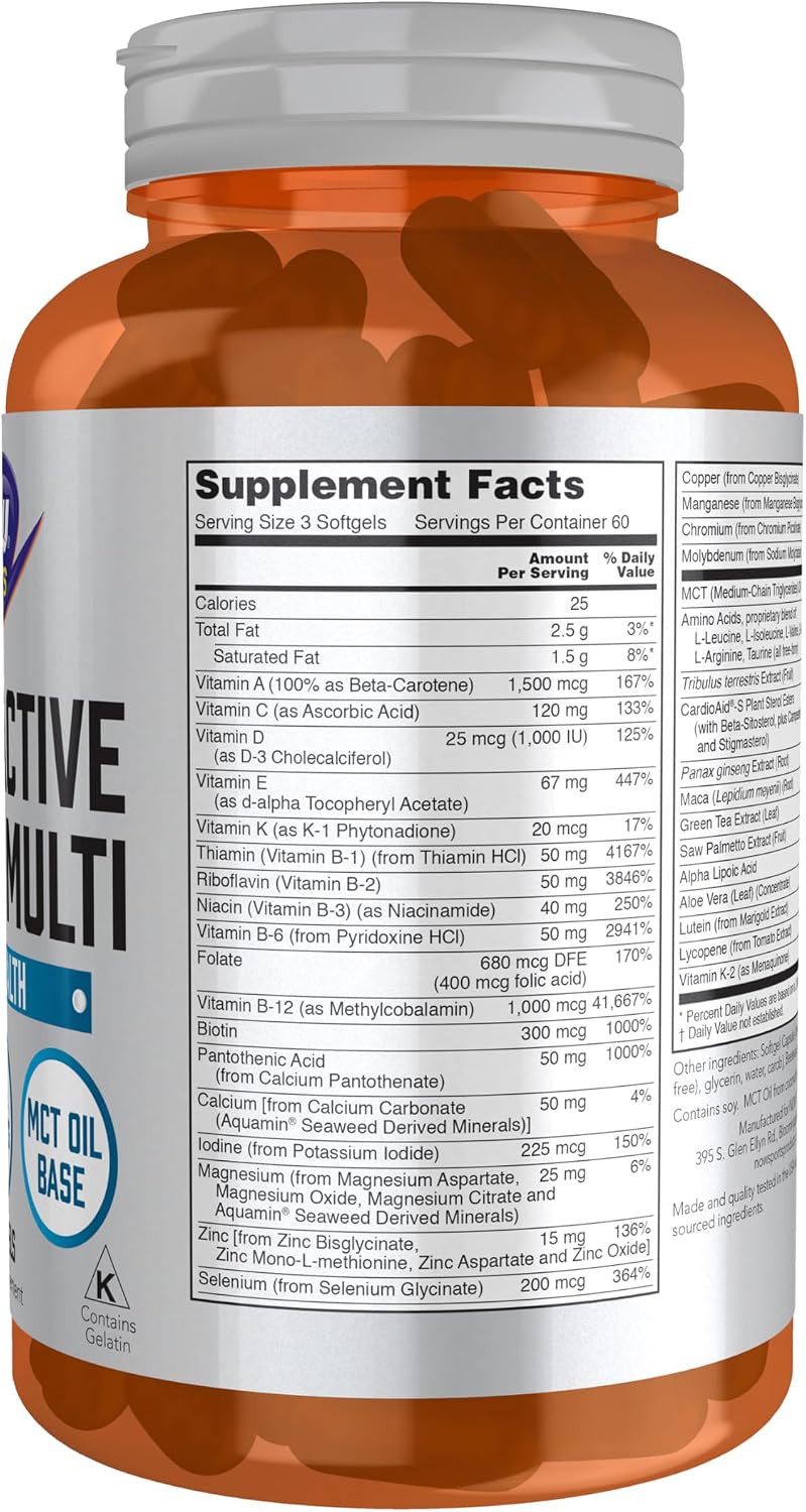 NOW Foods Sports Nutrition, Multivitamínico Extreme Sports para Hombres con Aminoácidos, ZMA, Tribulus, MCT y Extractos Herbales, 180 Cápsulas Blandas