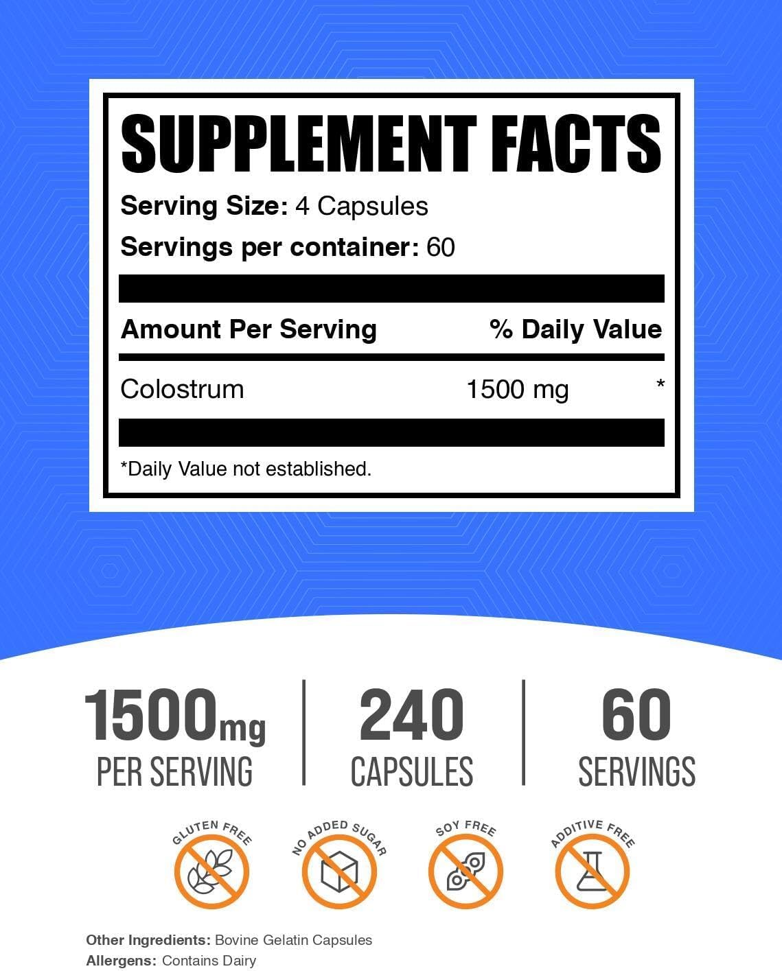 BulkSupplements.com Cápsulas de Calostro - Complemento de Calostro Bovino - Sin Gluten, 240 Cápsulas (1 Pack)