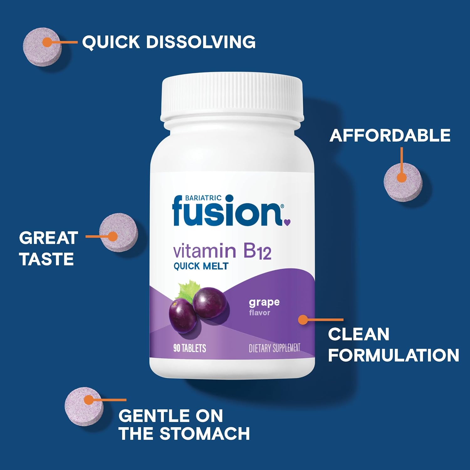 Bariatric Fusion Vitamina B12 Sublingual 1000 mcg - Comprimidos de fusión con sabor a uva y ácido fólico - Metilcobalamina - 90 unidades