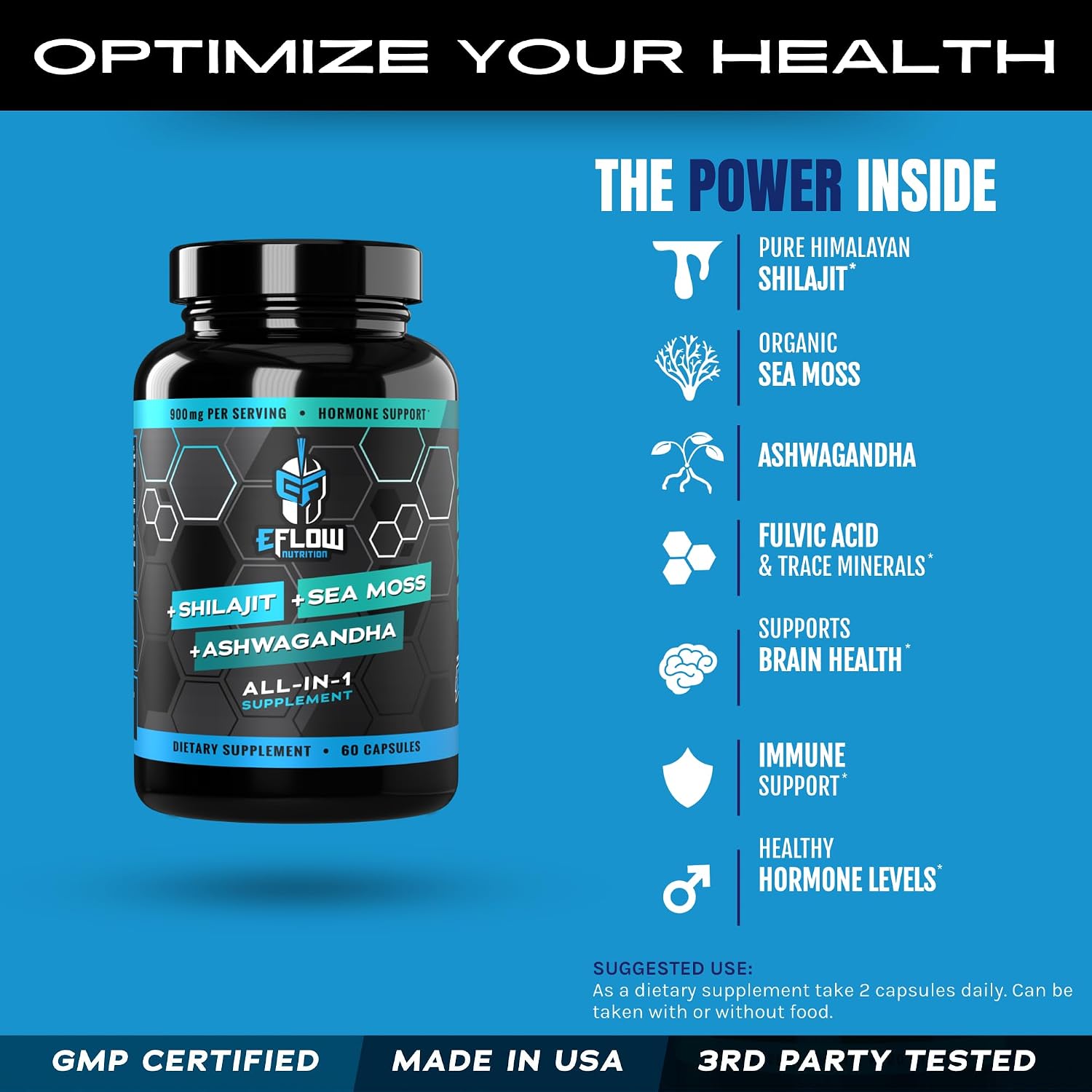 eFlow Nutrition Shilajit Cápsulas, Ashwagandha y Sea Moss - 3 en 1 - 60 Cápsulas