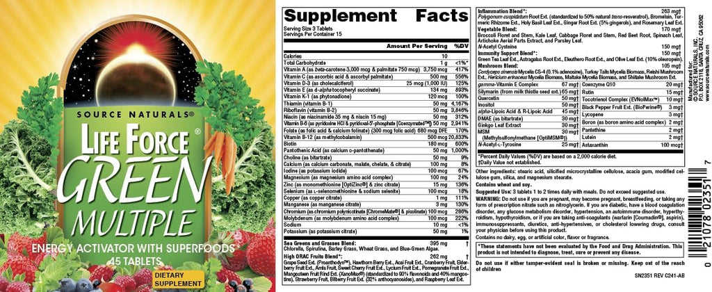 Source Naturals Life Force Green Multiple - Multivitamin with Superfoods, 45 Tablets