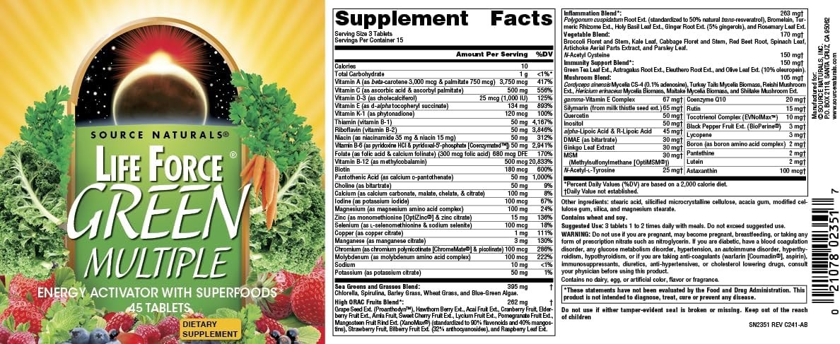 Source Naturals Life Force Green Multiple - Multivitamin with Superfoods, 45 Tablets