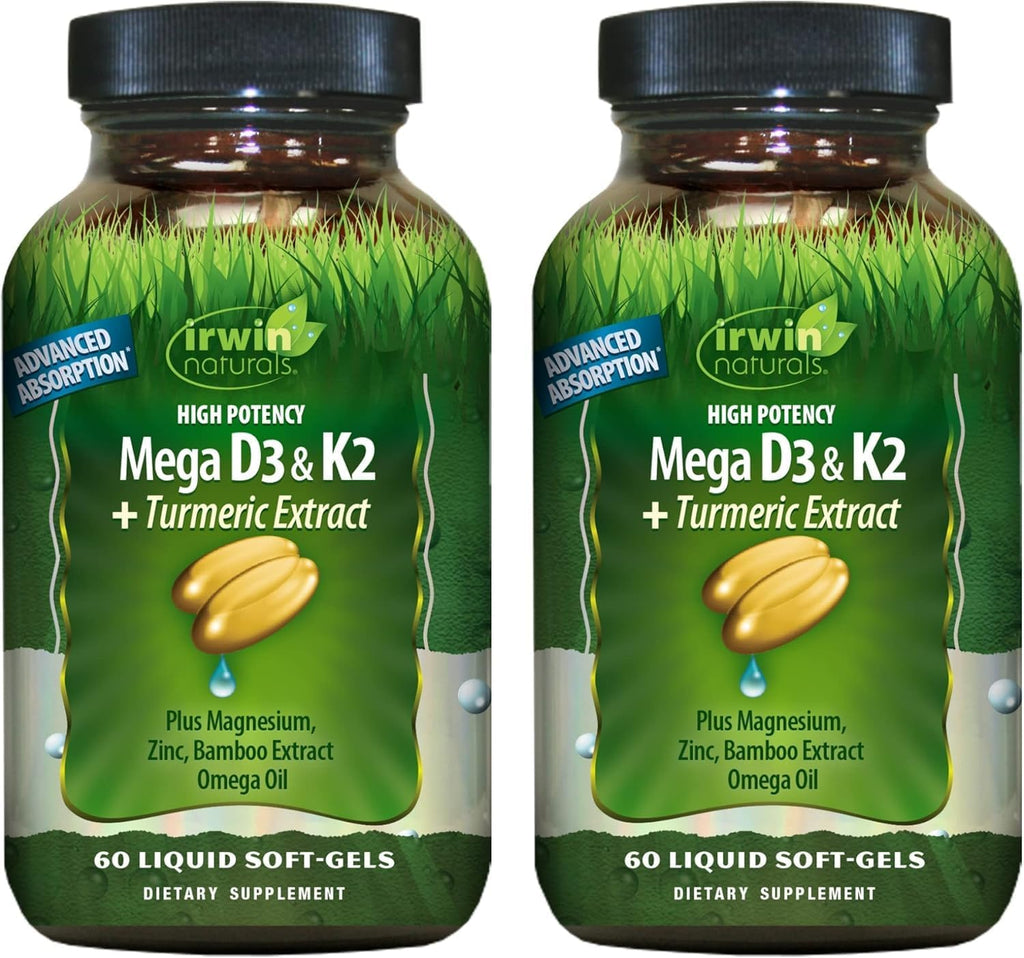 Irwin Naturals Mega D3 & K2 + Turmeric Extract - Complejo de Alta Potencia - 120 Cápsulas Blandas Líquidas