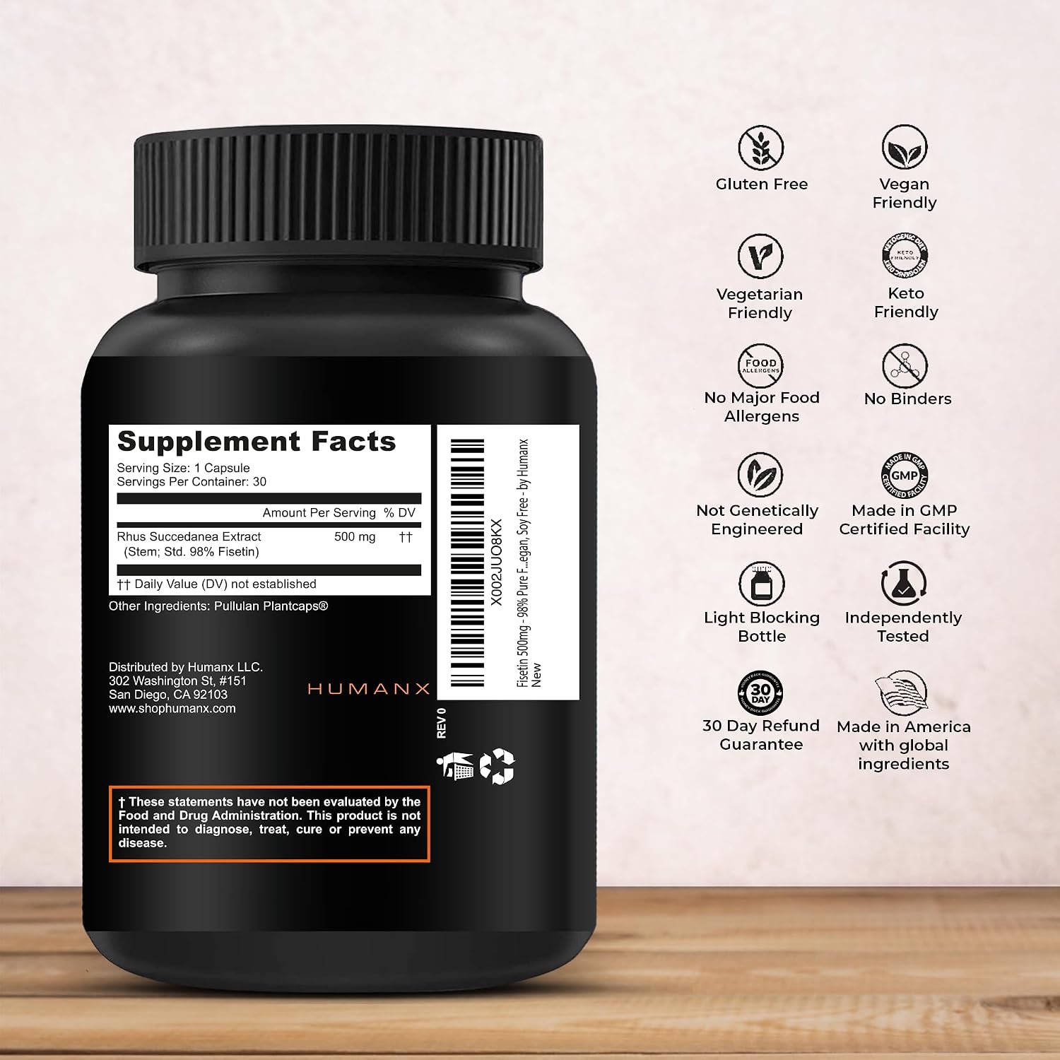 HUMANX Fisetin 500 mg - 98% Pureza - 60 Cápsulas
