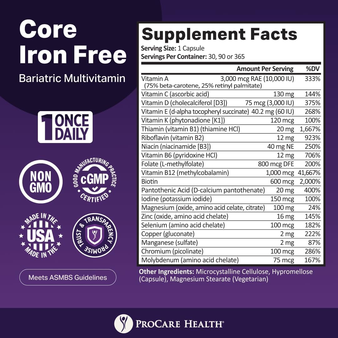 Procare Health Multivitamínico Bariátrico Sin Hierro - 30 Cápsulas Vegetales de Disolución Rápida - Vitaminas para Bypass Gástrico y Manga Gástrica, Sin Hierro (1 Mes)