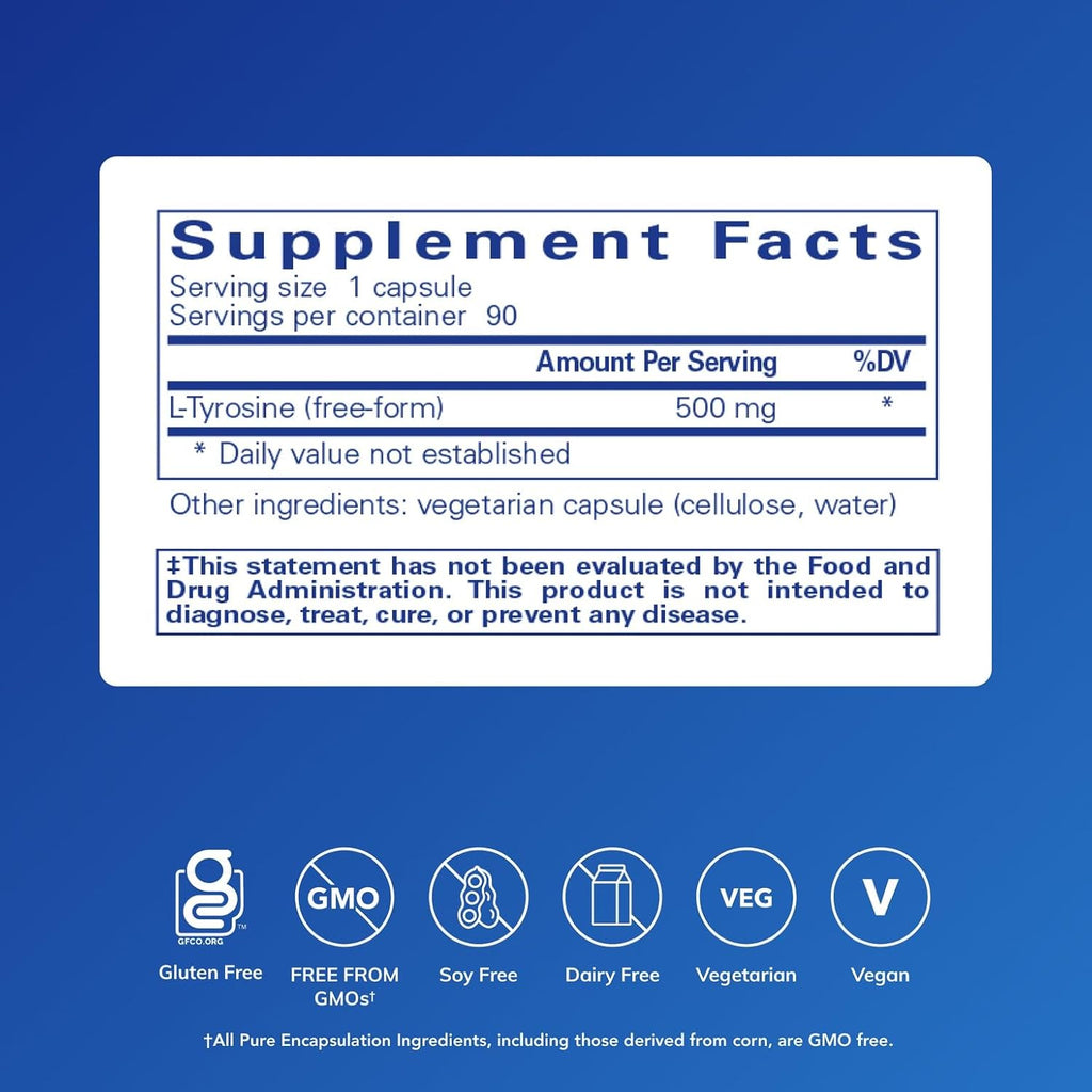 Pure Encapsulations L-Tirosina 500 mg - Suplemento de Aminoácido - Vegano y No-GMO - 90 Cápsulas