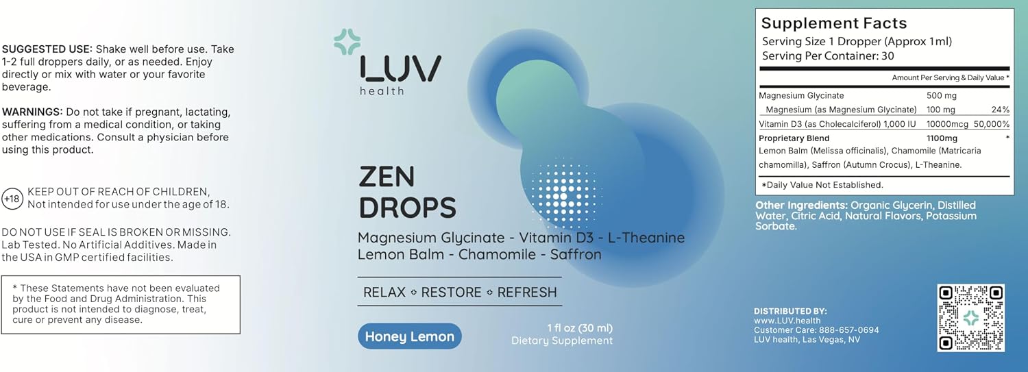 LUV Zen Drops Gotas de apoyo para el estrés con magnesio glicinato, vitamina D3, melisa, manzanilla, azafrán y L-teanina. Vegano, sin gluten, 30 dosis