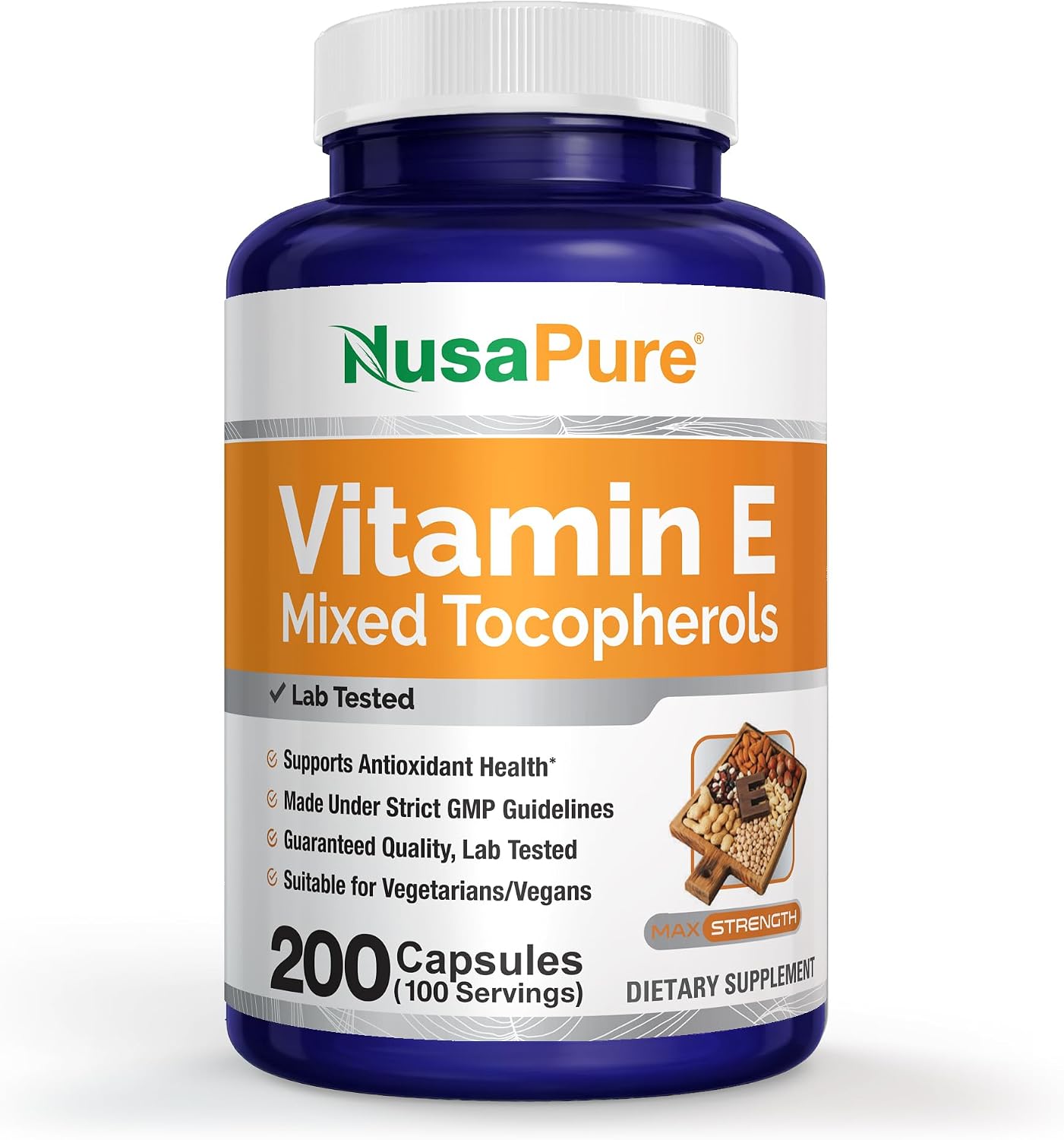 NusaPure Vitamin E Mixed Tocopherols – Vegetarian/Vegan, Non-GMO – 200 Capsules