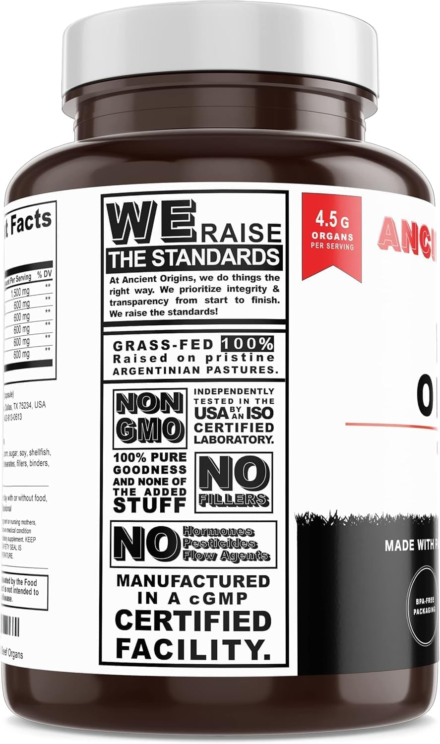 Ancient Origins Suplemento de Órganos de Res Grass Fed 4500 mg - Hígado, Médula Ósea, Corazón, Bazo, Páncreas y Riñón, No Transgénico, Sin Gluten, Sin Desgrasar (180 Cápsulas, 750 mg cada una)