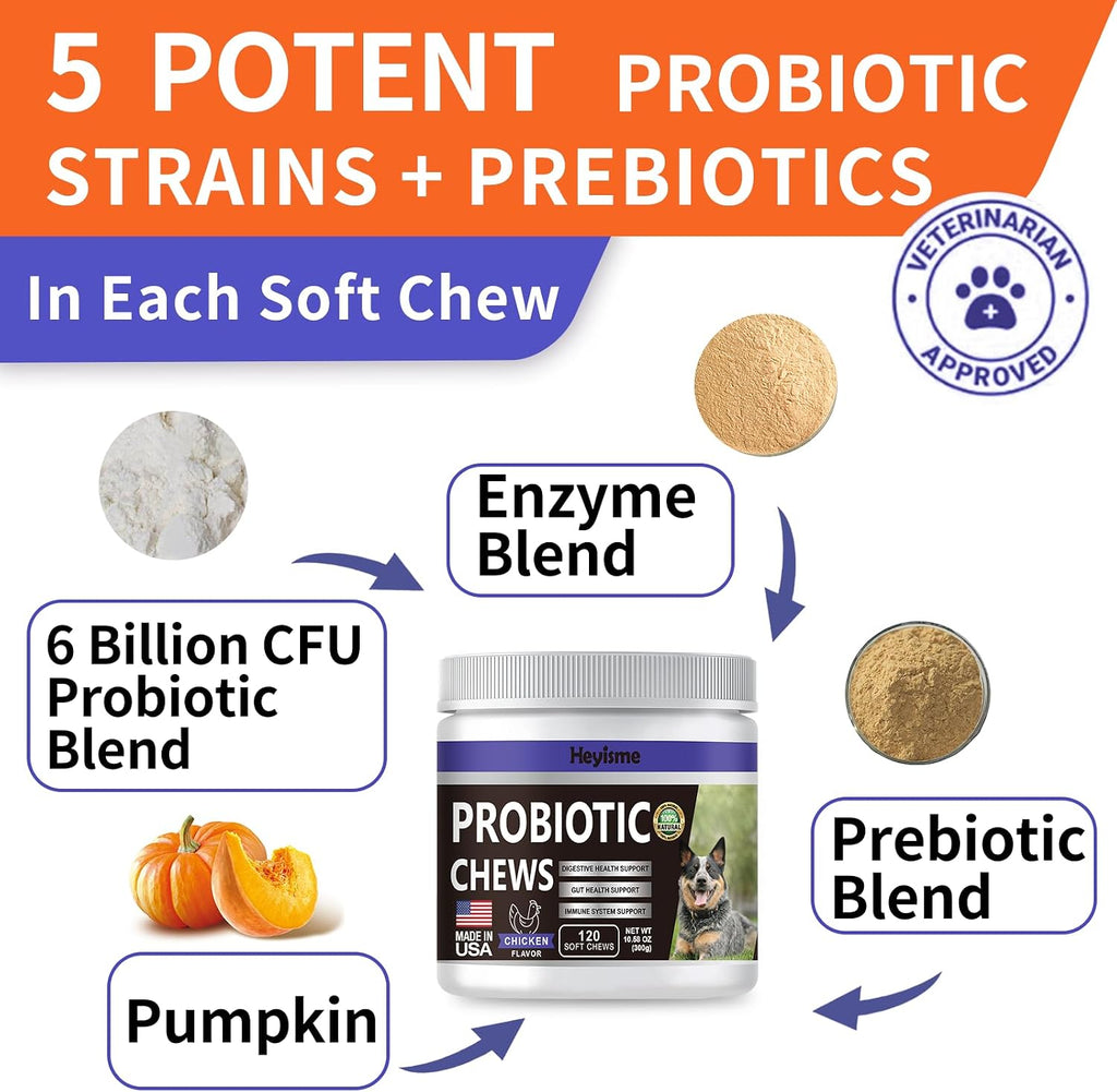 HEYISME Probióticos para Perros - 120 Masticables Sabor Pollo