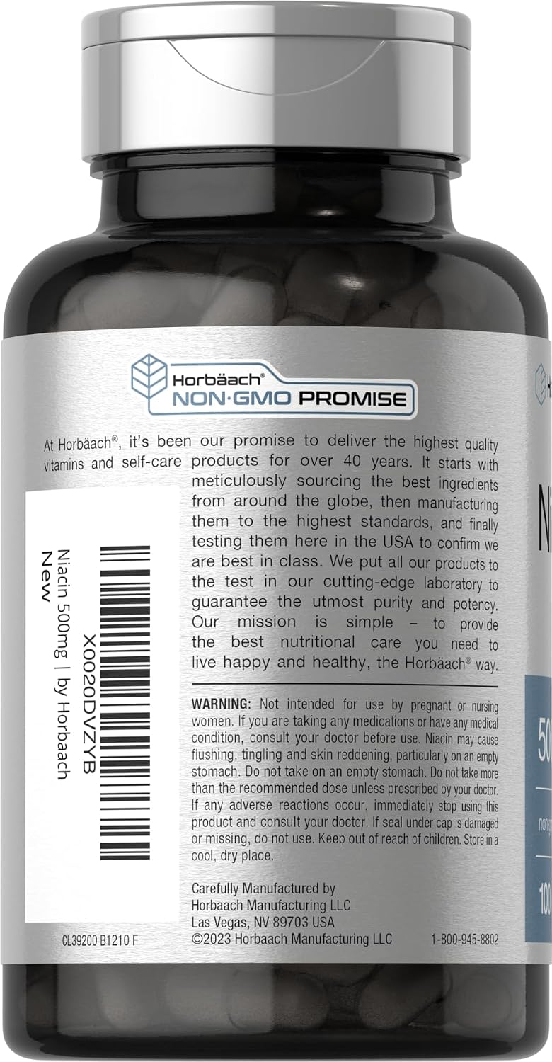 Horbäach Niacina | Vitamina B3 500mg | 100 Cápsulas | Con Flush | No OGM y Sin Gluten