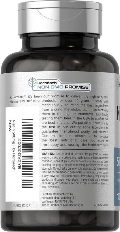 Horbäach Niacina | Vitamina B3 500mg | 100 – Naturalmente libre de: Gluten, trigo, soja, leche, lactosa, – Image 3