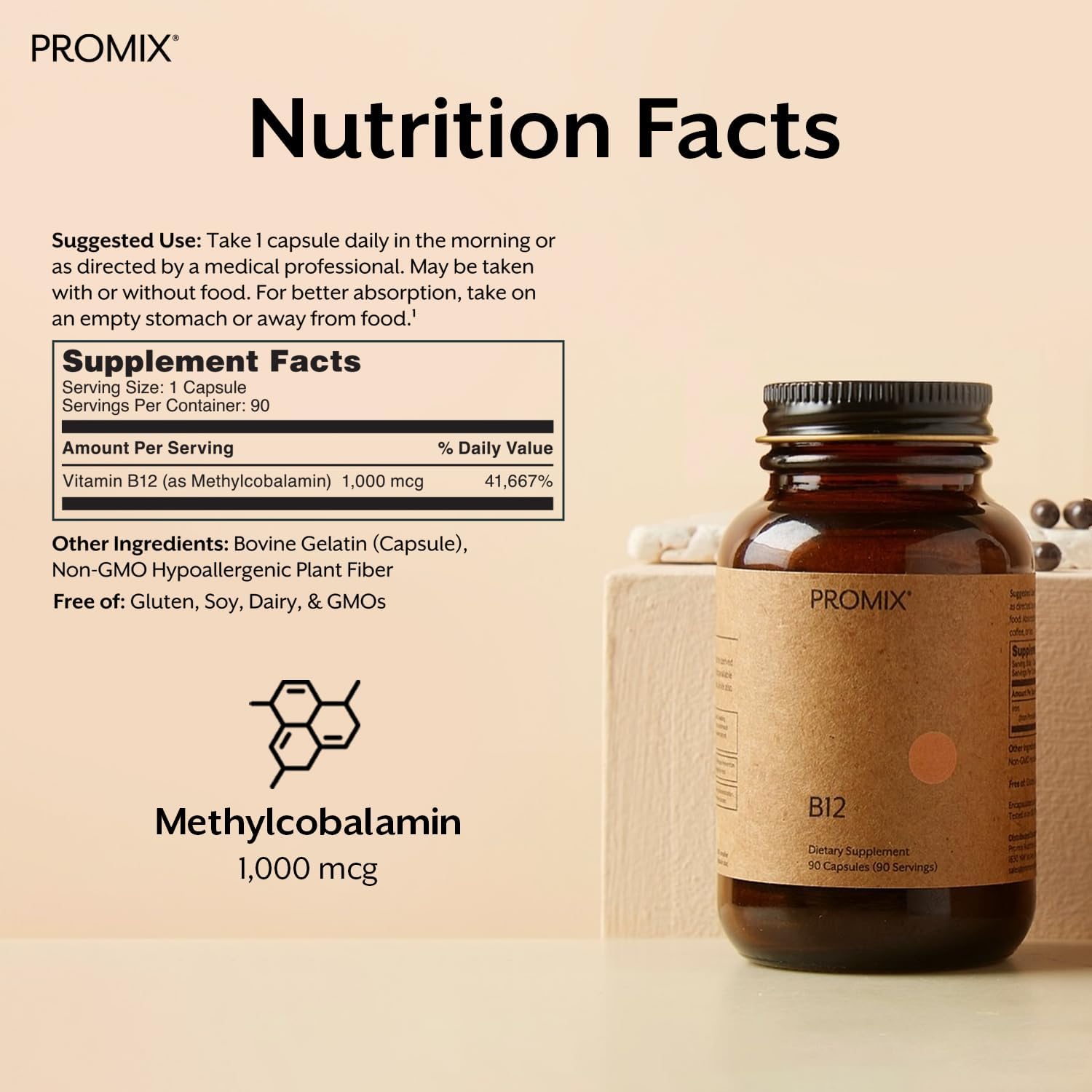 Promix Nutrition Vitamina B12 - 1000 mcg Metilcobalamina - 90 cápsulas