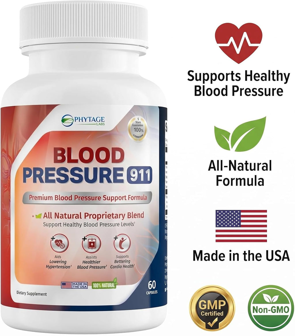 Blood Pressure 911 – Suplemento para el Apoyo de la Presión Arterial – Fórmula Natural con Espino Blanco, Olivo y Vitamina B12 – 60 Cápsulas