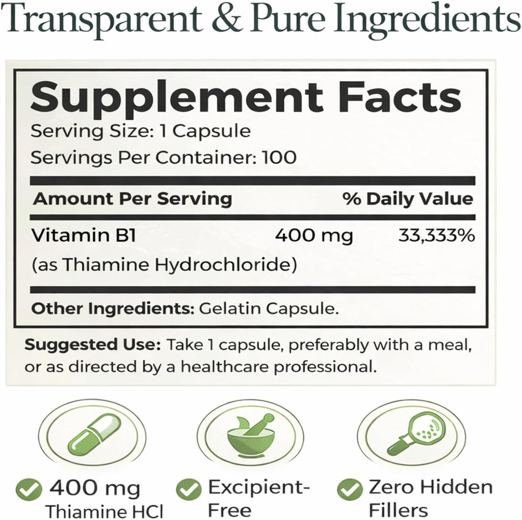 Dr. Clark Vitamin B1 Tiamina 400mg, 100 Cápsulas de Gelatina