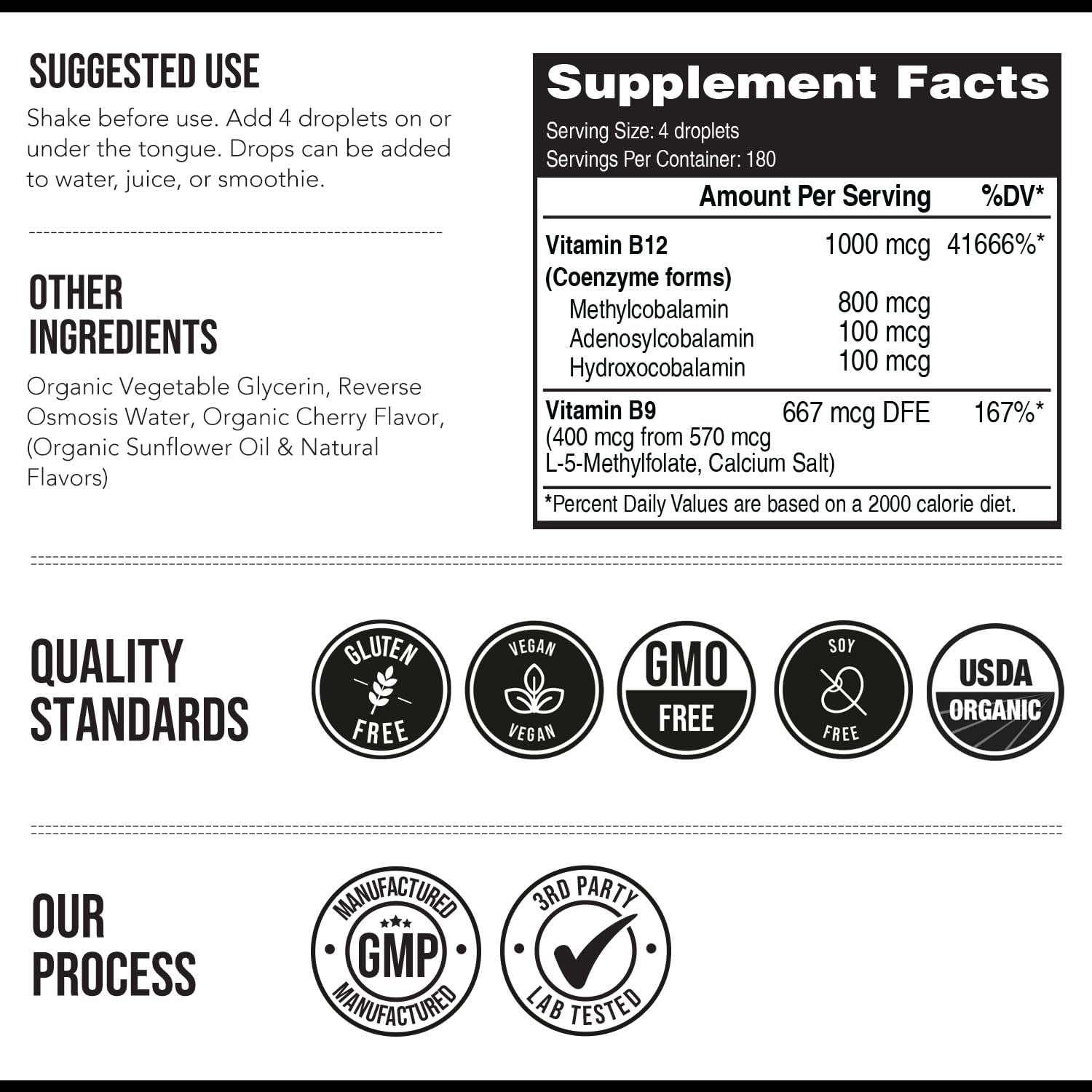 BioActive Vitamin B12 1000 mcg con 3 Formas Bioactivas y Metilfolato - Sublingual Sabor Cereza, Orgánico, Vegano (180 Dosis)