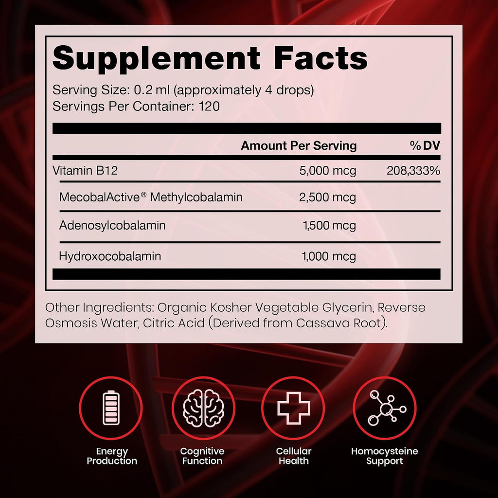 BioActive B12 Full Spectrum - Vitamina B12 Líquida Sublingual Vegana con Metilcobalamina, Hidroxocobalamina y Adenosilcobalamina (1250 mcg por gota, 20 ml - 4 meses de suministro)