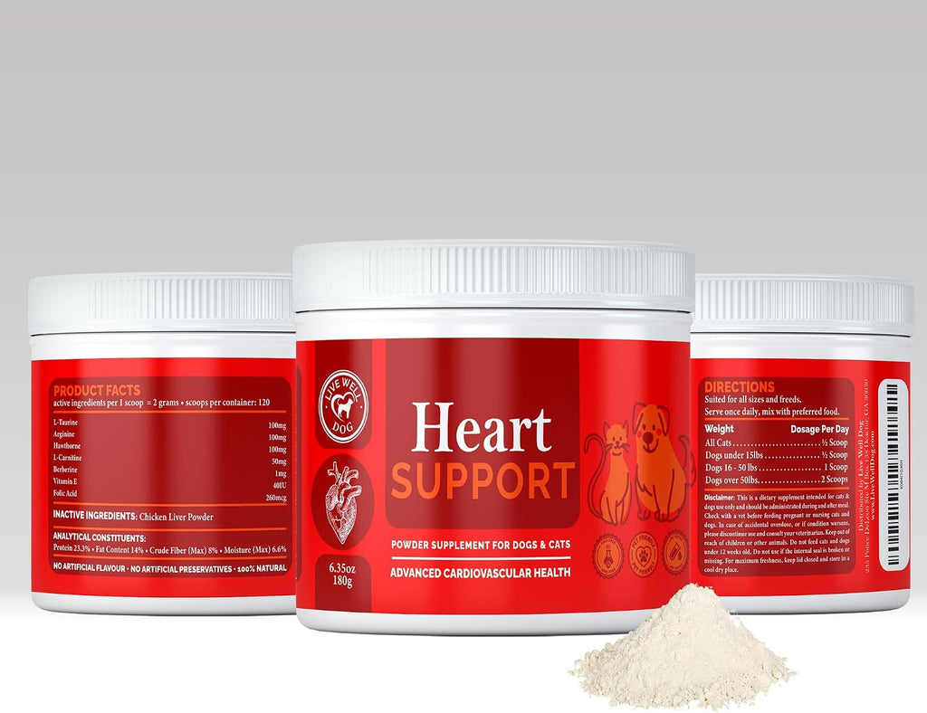 Heart Health Powder Topper para Perros y Gatos - Taurina, L-Carnitina, Espino Blanco y Antioxidantes - 180g