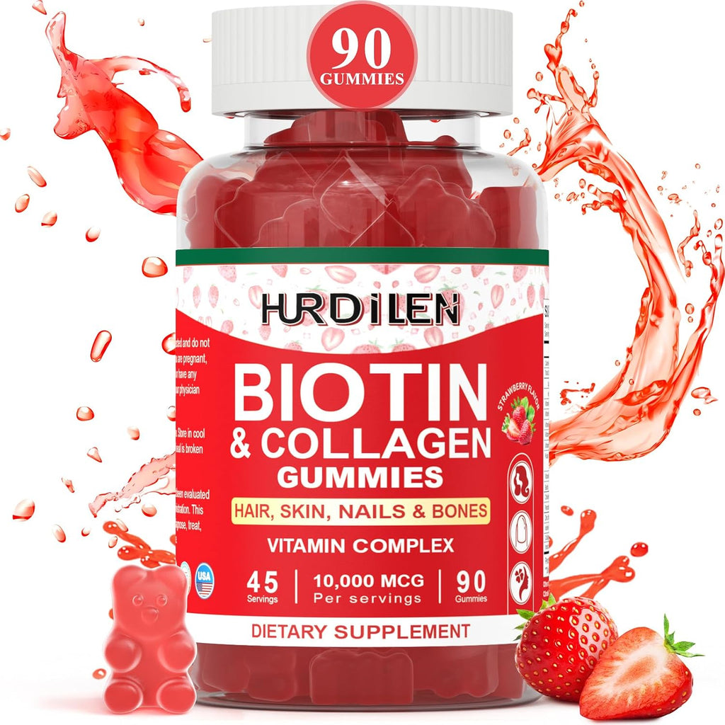 Hurdilen Biotina Colágeno Gummies 10000mcg - 90 Gominolas para Cabello, Piel y Uñas