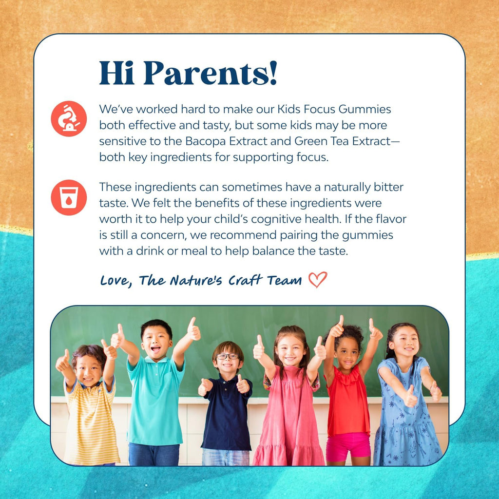 Kids Focus Gummies - Gomitas de Concentración para Niños con Extracto de Té Verde, Vitaminas B6 y B12 - 90 unidades