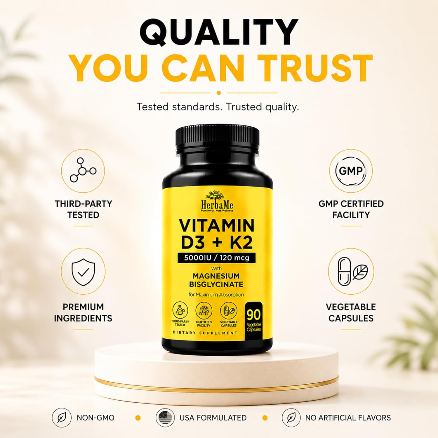 HerbaMe Vitamina D3 5000 UI + K2 con Magnesio Bisglicinato | Salud Ósea, Muscular e Inmune | 90 Cápsulas