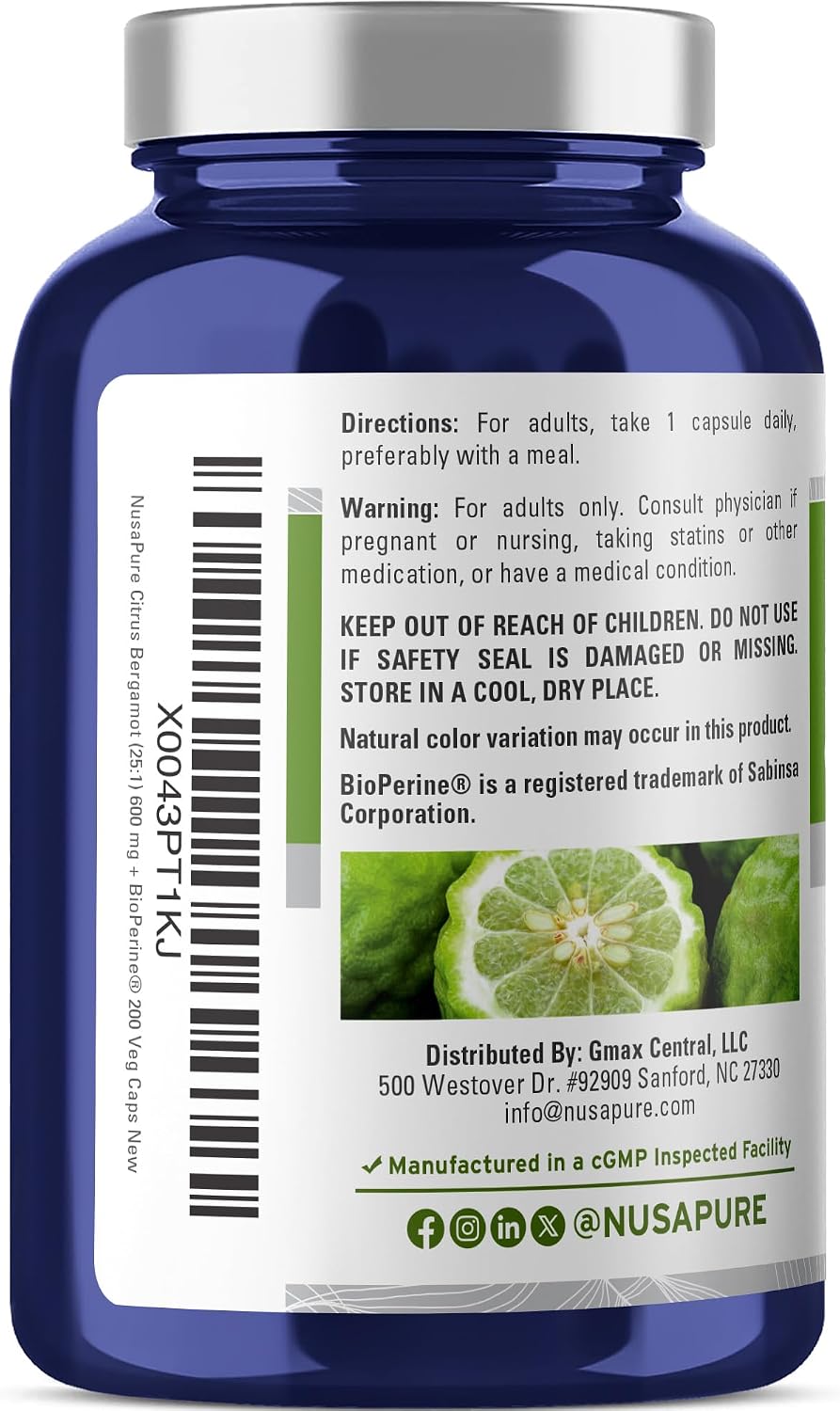 NusaPure Cápsulas de Bergamota Cítrica 600 mg, 200 Cápsulas Veganas (No-GMO, Vegano)