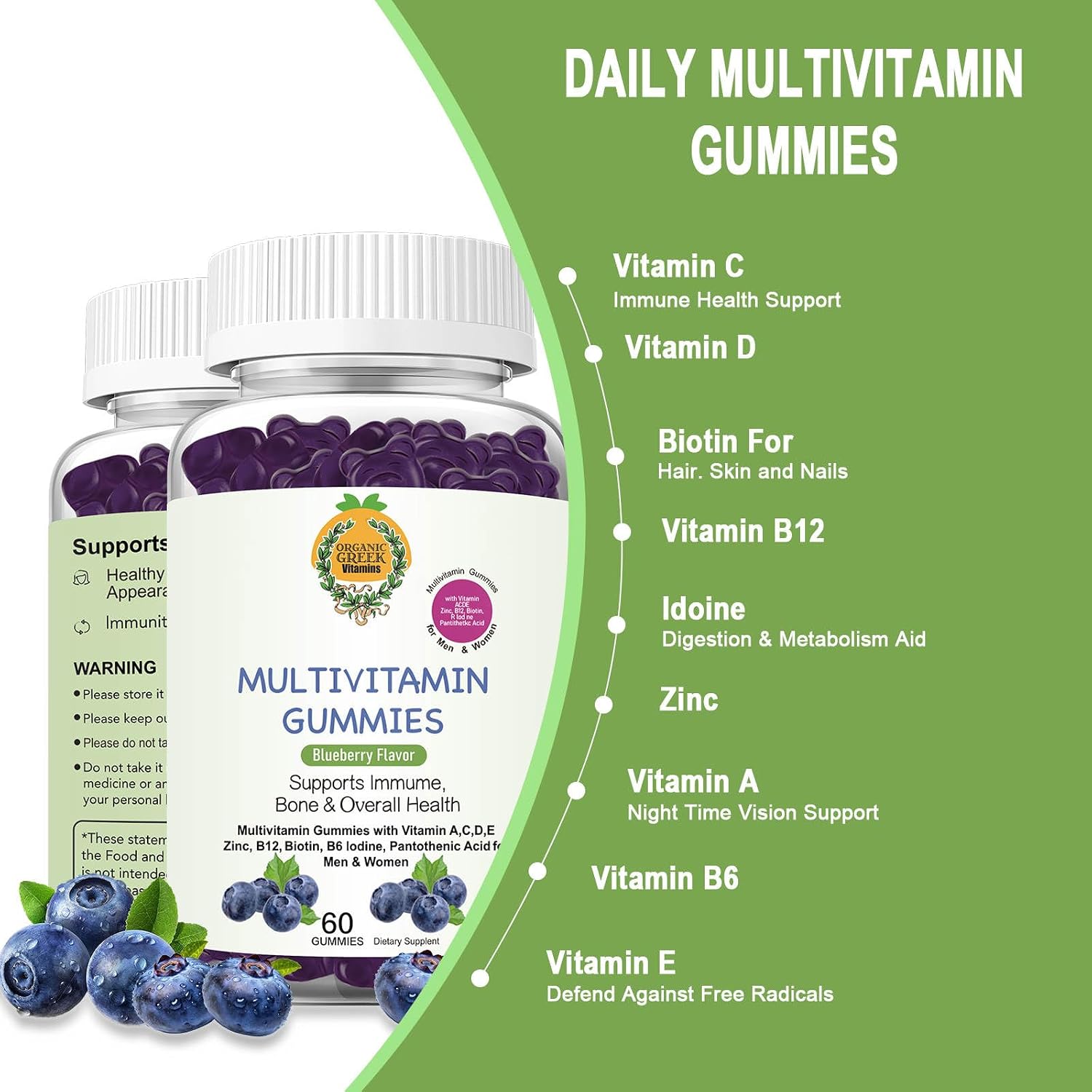 Organic Greek Multivitamin Gummies - 13 Vitaminas y Minerales - Sabor Arándano