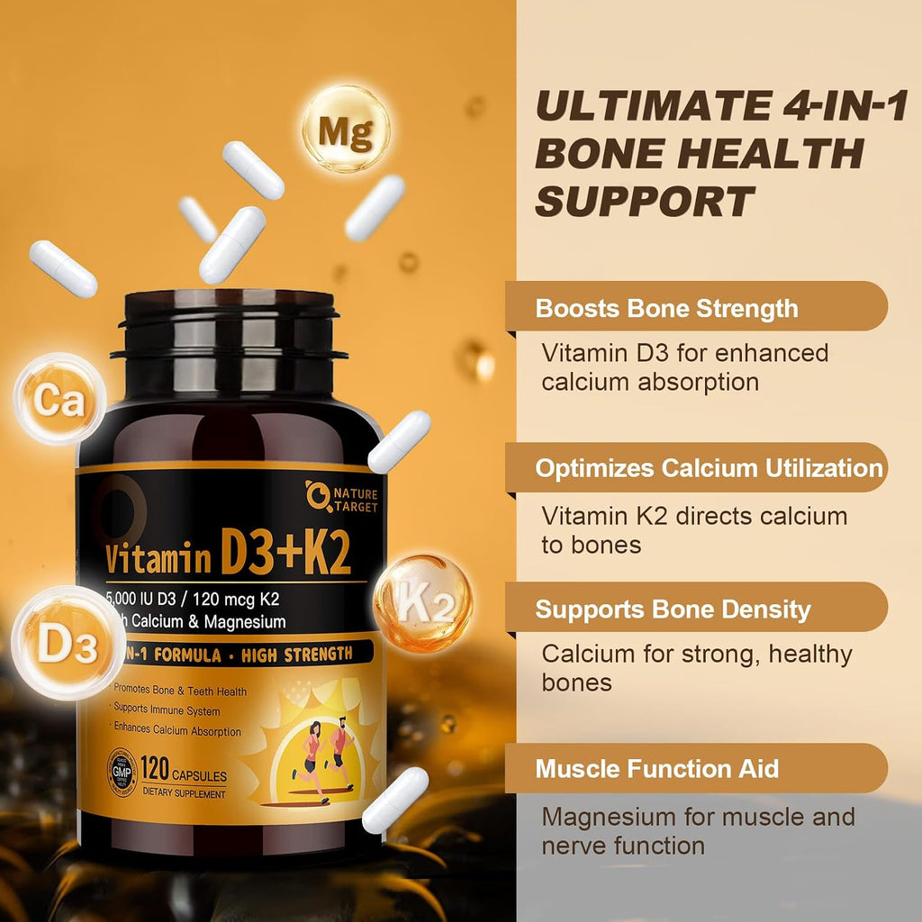 NATURE TARGET Vitamina D3 K2 con Calcio y Magnesio, 5000 UI D3 + 120 mcg K2, 120 comprimidos