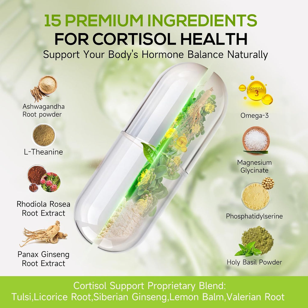 Suplemento de Control de Cortisol 15 en 1 con Magnesio Glicinato, L-Teanina, Ashwagandha y Rhodiola Rosea – 60 Cápsulas