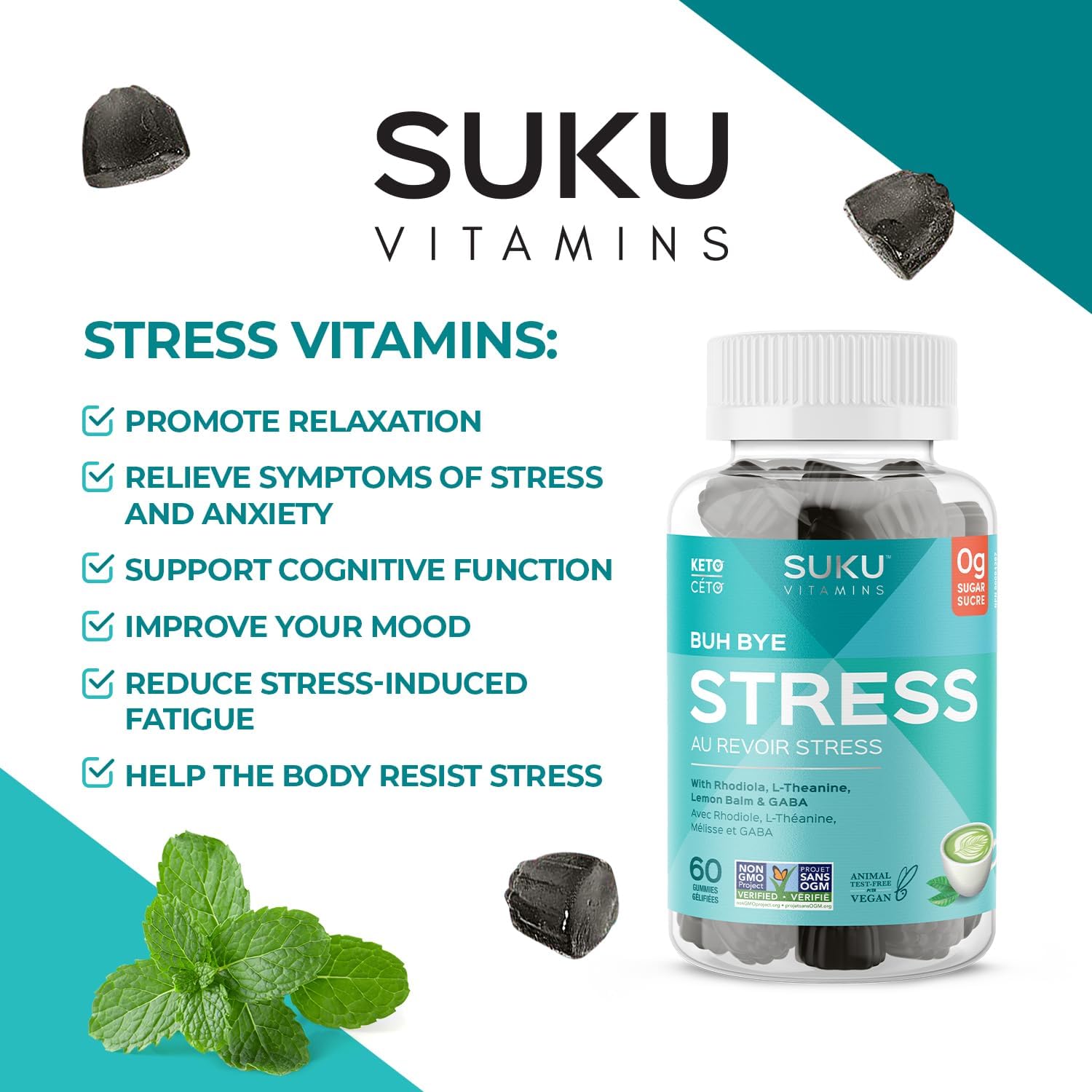 SUKU Vitamins - Buh Bye Stress Gominolas Relajantes - Rhodiola, Melisa, L-Teanina, GABA - 50 unidades