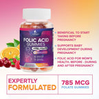 Gominolas de Ácido Fólico para Mujeres - Folato 785 mcg - Vitaminas Prenatales - 60 Gominolas