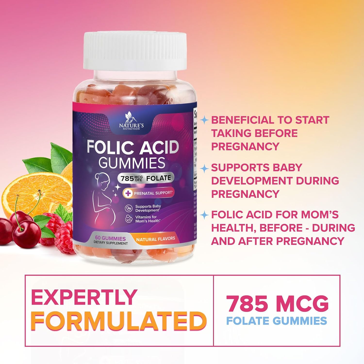 Gominolas de Ácido Fólico para Mujeres - Folato 785 mcg - Vitaminas Prenatales - 60 Gominolas