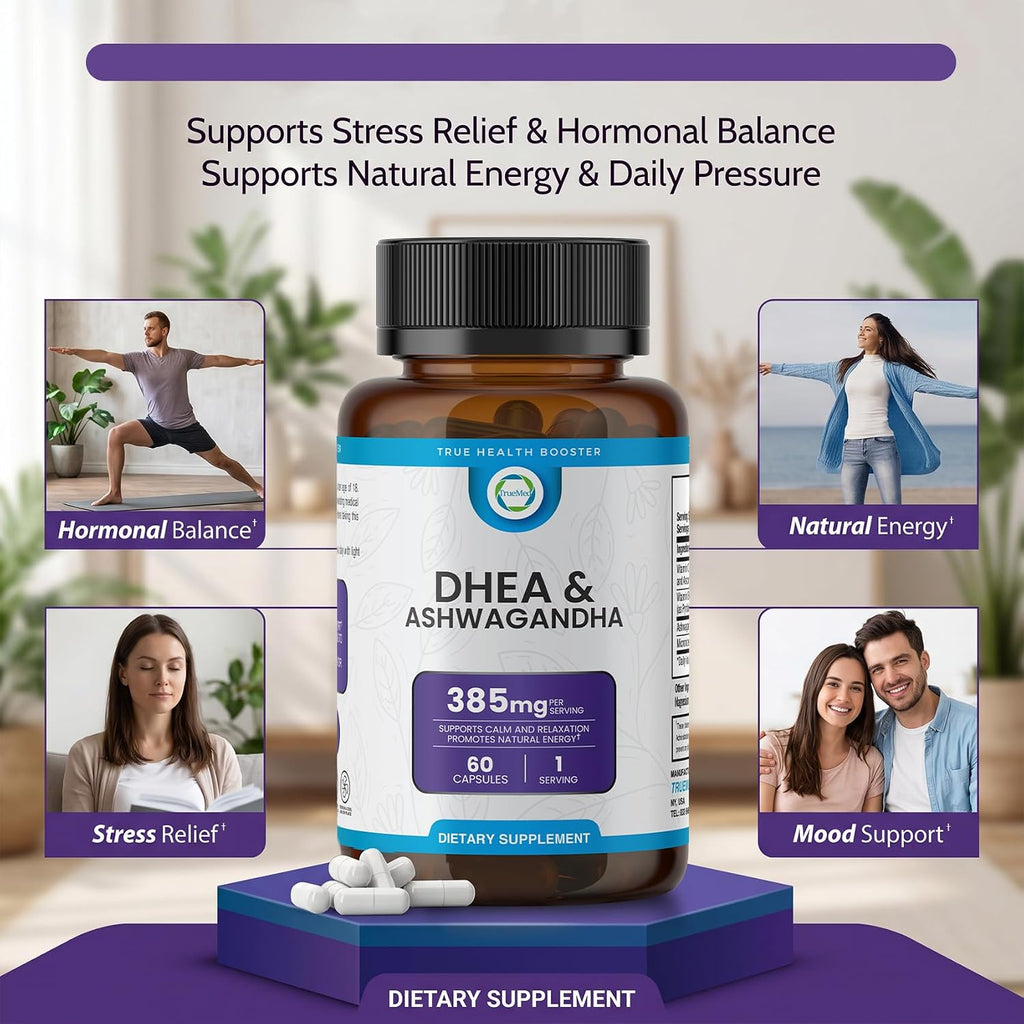 TRUEMED DHEA & Ashwagandha 385mg – Ashwagandha 250mg, DHEA 10mg, Vitamina C y B6 – Apoya la Relajación, Energía Natural y Estado de Ánimo Equilibrado – 60 Cápsulas Veganas