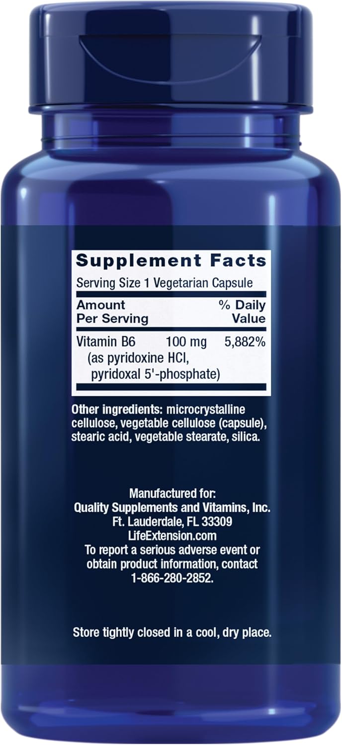 Life Extension Vitamina B6, 100 mg, Alta Potencia, Salud Cardiovascular, Neurológica y Ocular, Sin Gluten, No Transgénico, Vegano, 90 Cápsulas