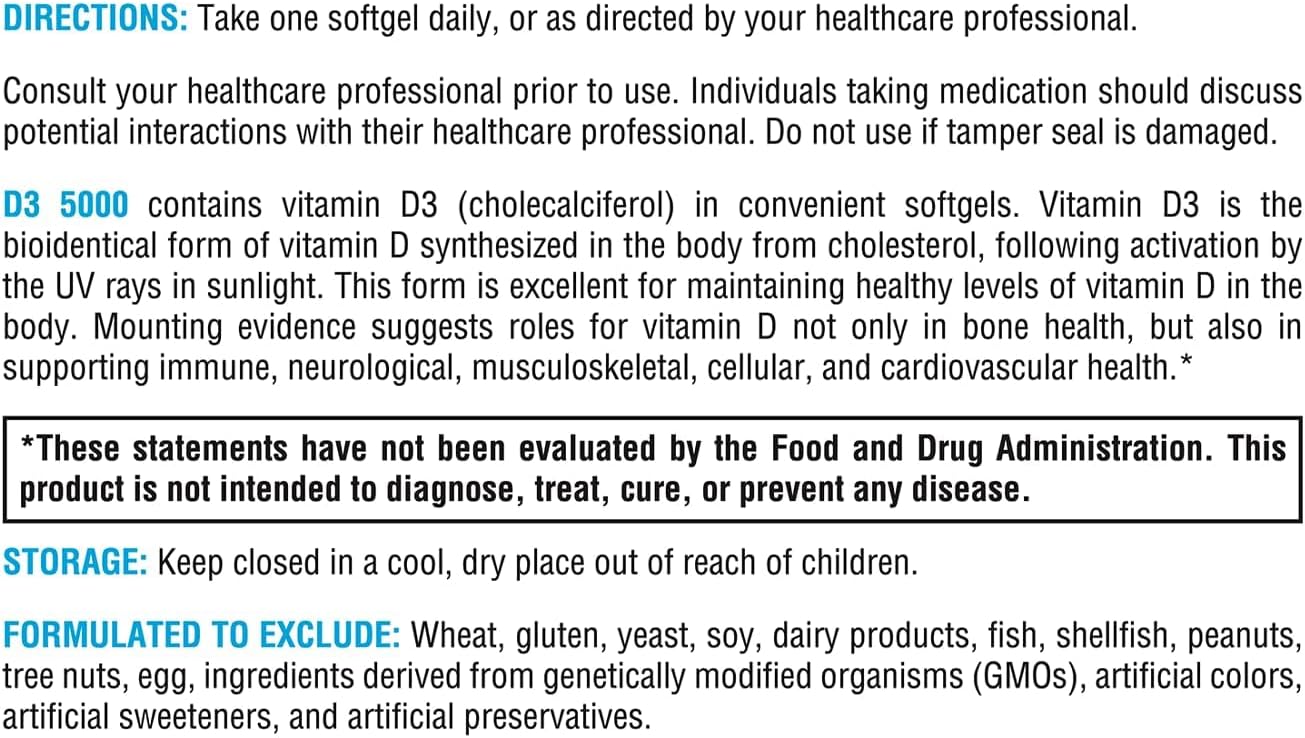 XYMOGEN D3 5000 - Vitamina D3 5000 UI (125 mcg) - 180 Cápsulas Blandas