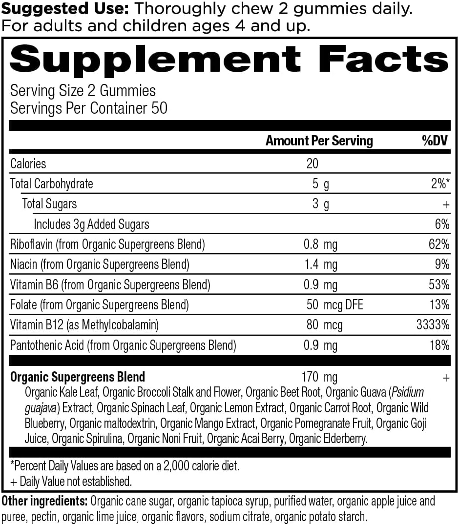 Ancient Nutrition Supergreens Gummy - Gominola Orgánica de Superalimentos con Frutas, Verduras y Hierbas Reales, 100 unidades, Sabor Fresa Sandía