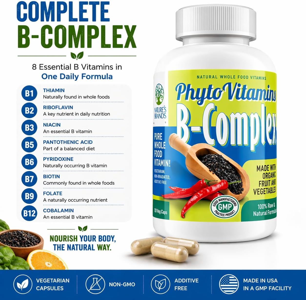 Nature's Brands Organic Whole Food Vitamin B-Complex by PhytoVitamins; 120-Count Vegetarian Capsules