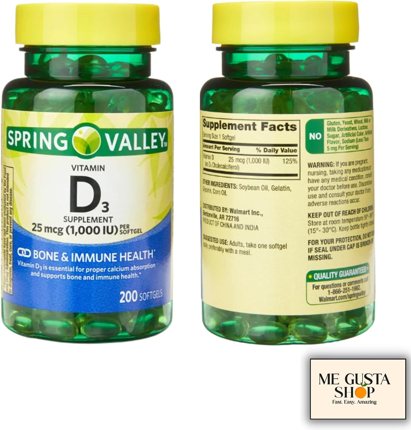 Vitamina D3 1000 UI (25 mcg) Softgels, 200 Cápsulas + Sticker Me Gusta
