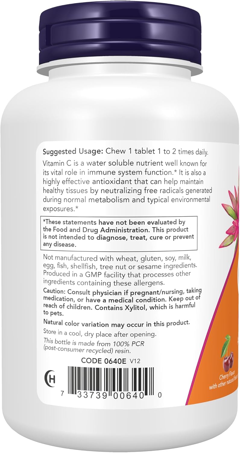 NOW Foods Vitamina C-500 Masticable, Sabor Cereza, 100 Comprimidos