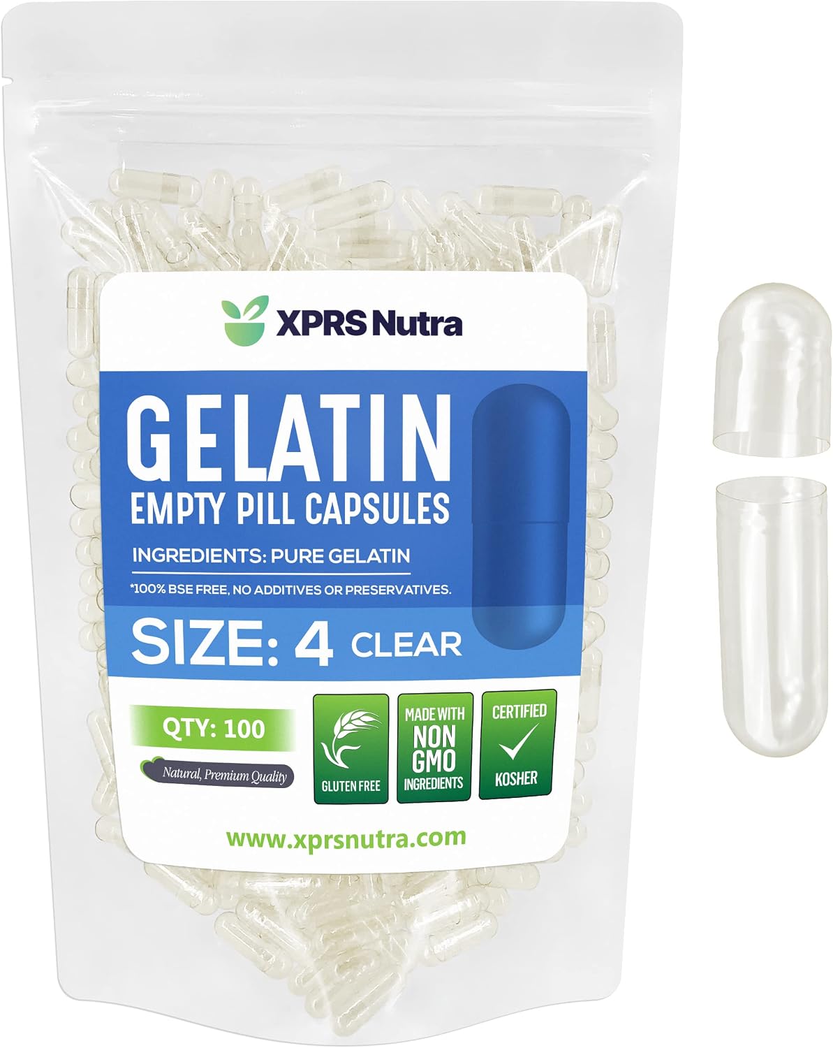 Empty Capsules Size 4 - 100 Count - XPRS Nutra - Clear Gelatin Capsules for Filling