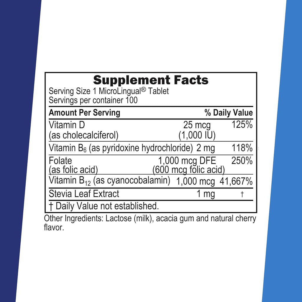 Superior Source No Shot Vitamina B12 Cianocobalamina 1000 mcg con B6, Ácido Fólico y Vitamina D3 1000 UI - 100 Comprimidos Sublinguales