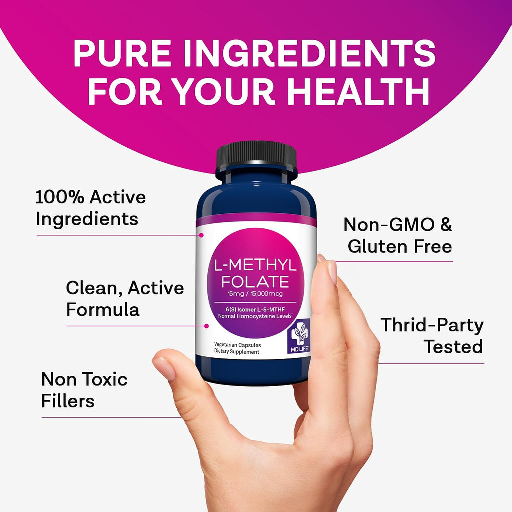 MD Life L-Methylfolate 15 mg - 30 Cápsulas - Complemento de Metilfolato Activo