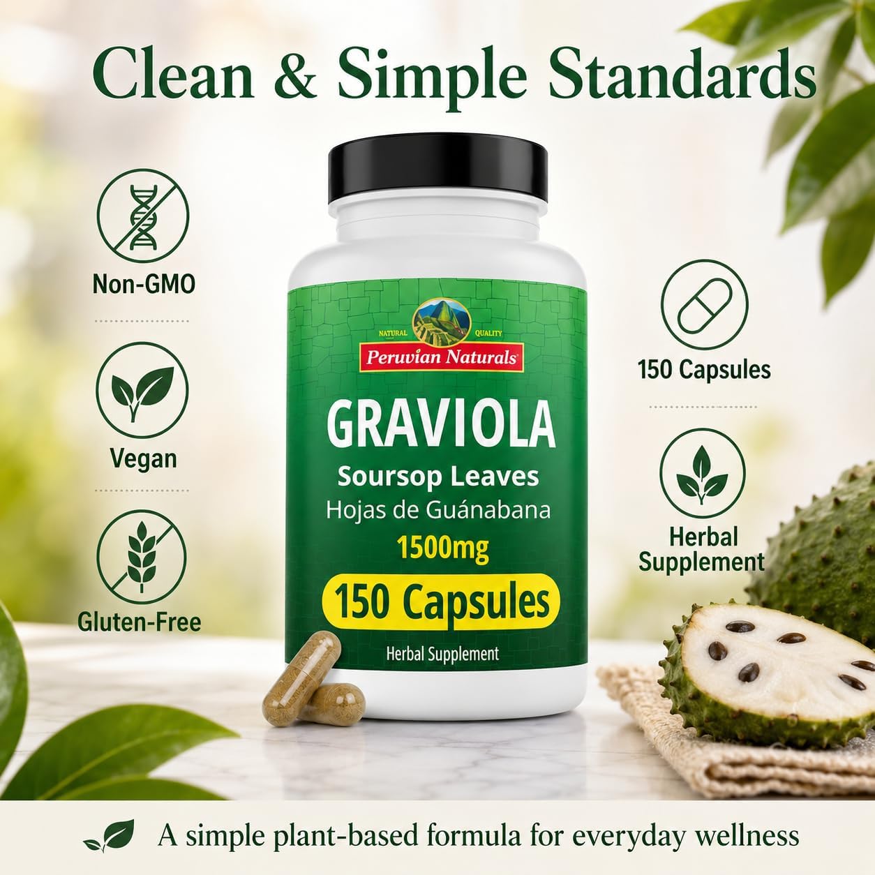 Graviola Soursop Cápsulas de 1500 mg, 150 Unidades – Peruvian Naturals