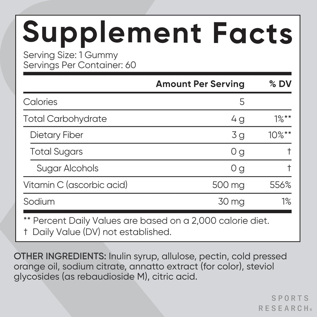 Sports Research Gominolas de Vitamina C 500 mg - Sin Azúcar y Veganas (60 Gominolas)