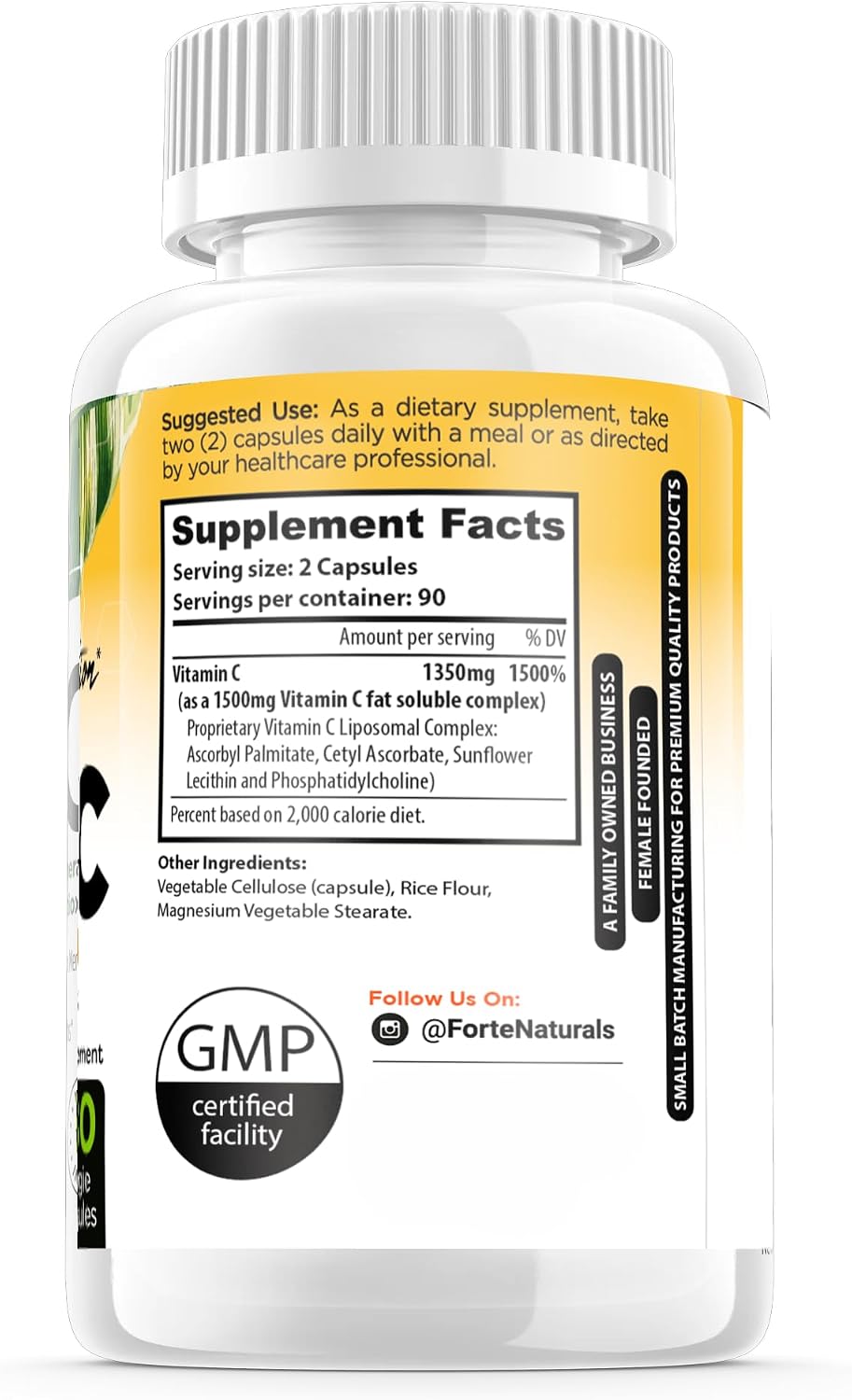 Forte Naturals Vitamina C Liposomal 1500mg con Lecitina de Girasol - 180 Cápsulas Veganas