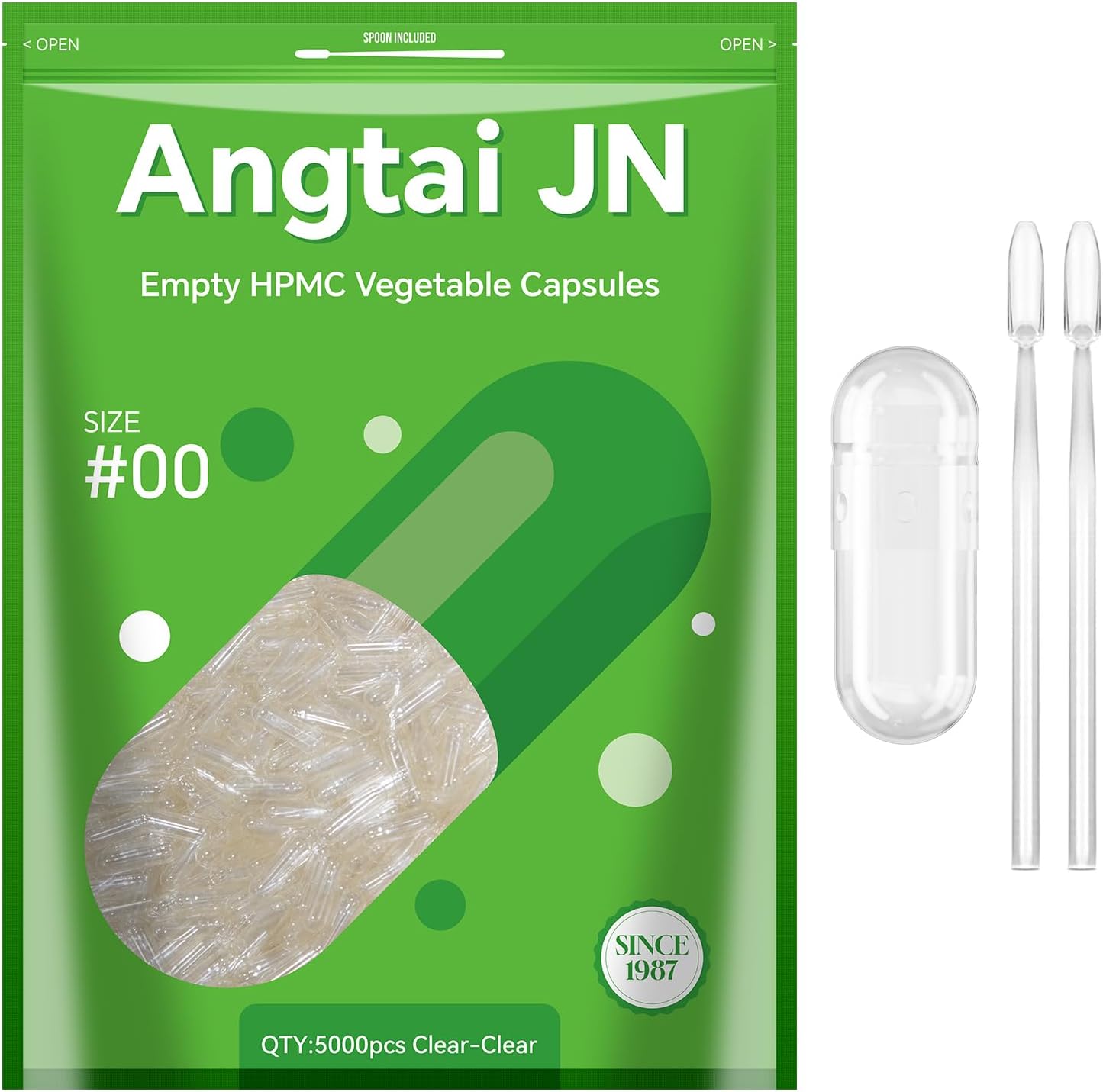 Cápsulas Veganas Vacías Tamaño 00 – 5.000 Unidades – Sin Gluten, No OGM, Certificación Halal – Kit de Llenado con 2 Cucharas