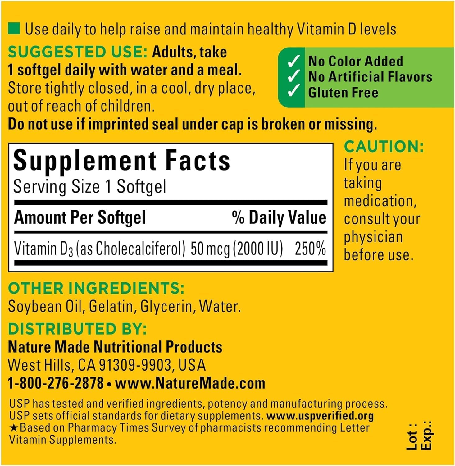 Nature Made Vitamina D3 2000 IU (50 mcg) 90 Cápsulas Blandas