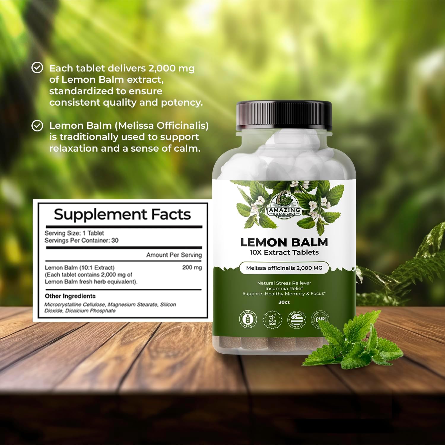 Extracto de Melisa (Lemon Balm) 10X 200 mg - 30 Tabletas
