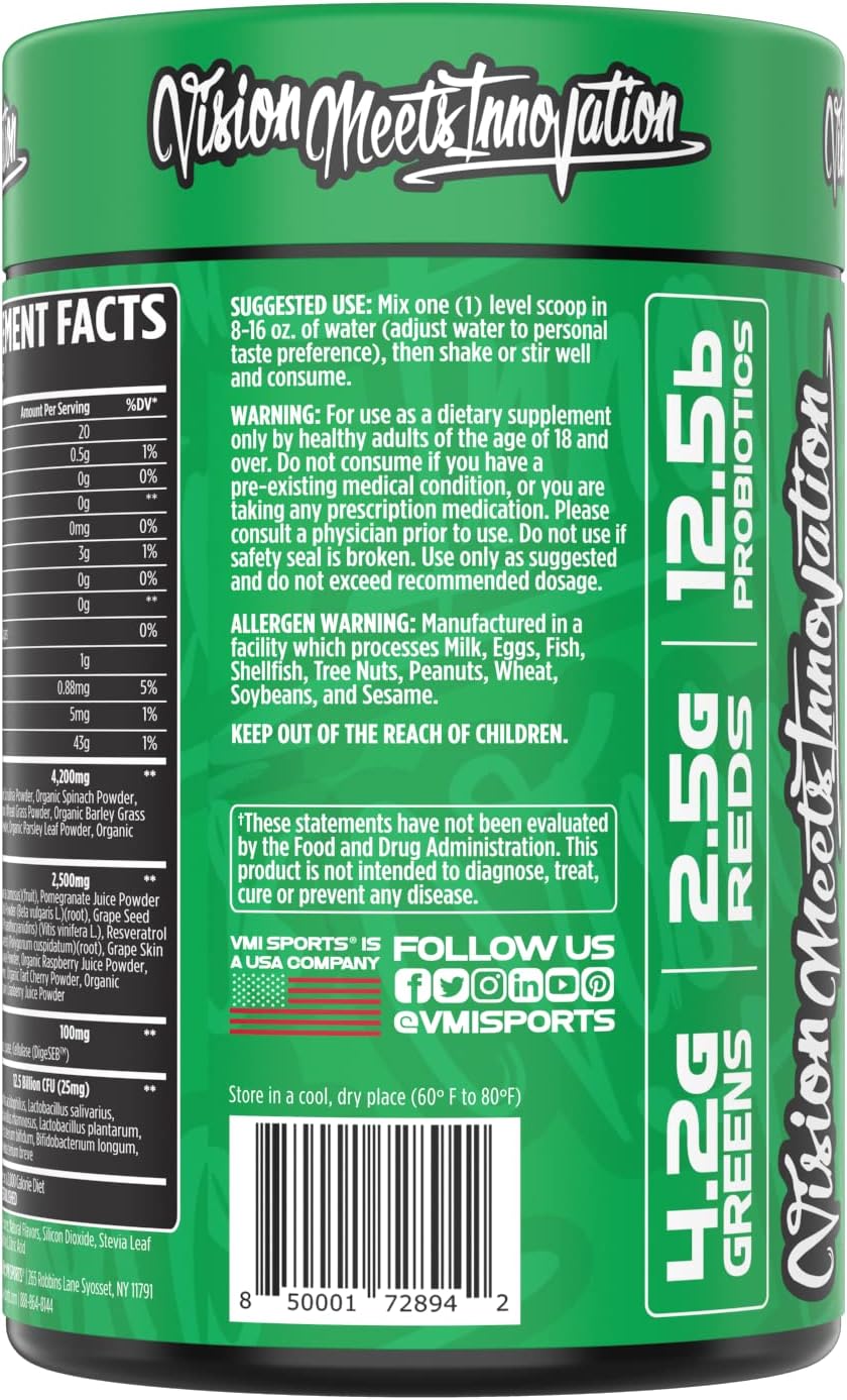 VMI Sports Greens + Reds Advanced Superfood con Probióticos y Enzimas - Sabor Chocolate (30 dosis)